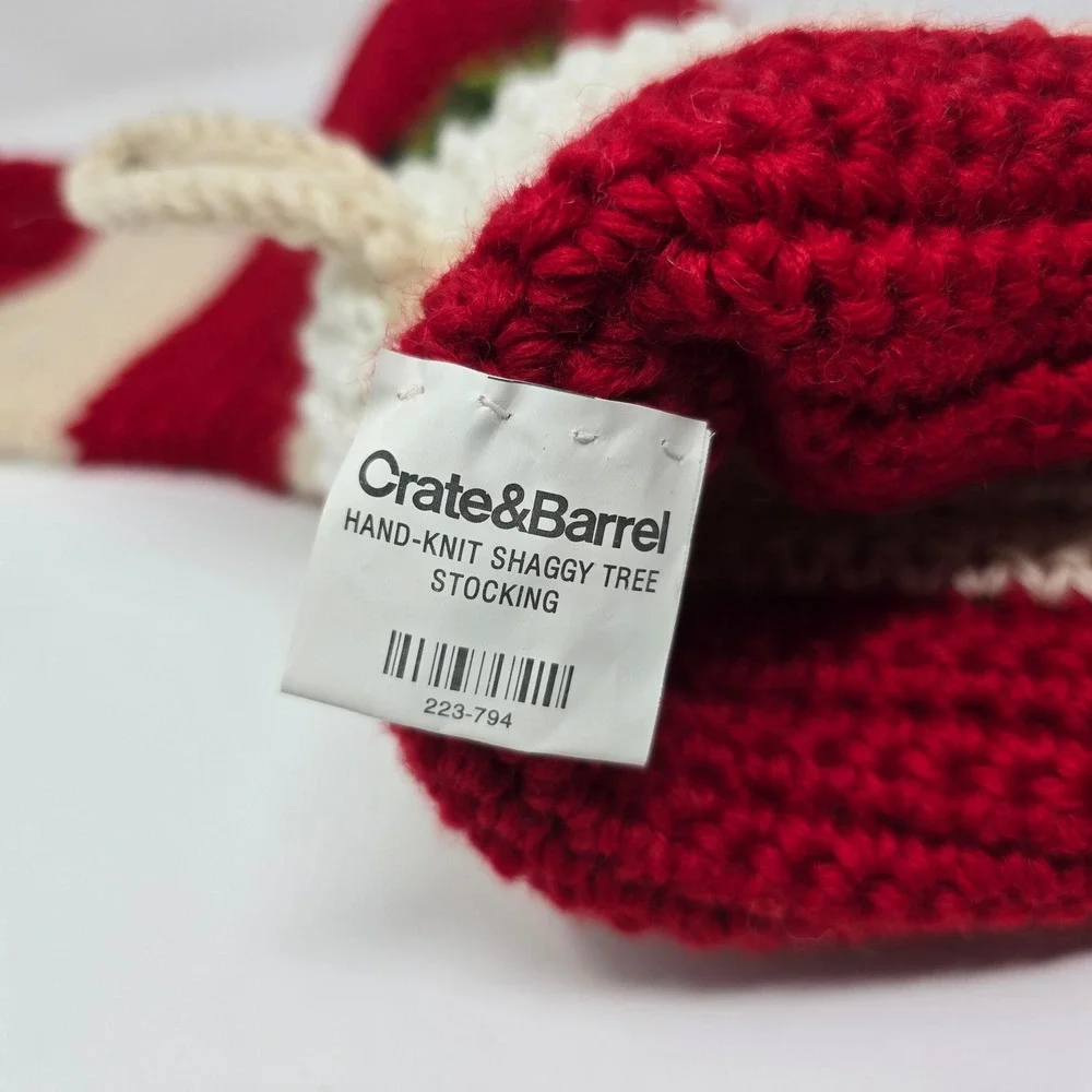 Crate & Barrel Hand-Knit Shaggy Tree Stocking Christmas Red Wool Holiday Decor